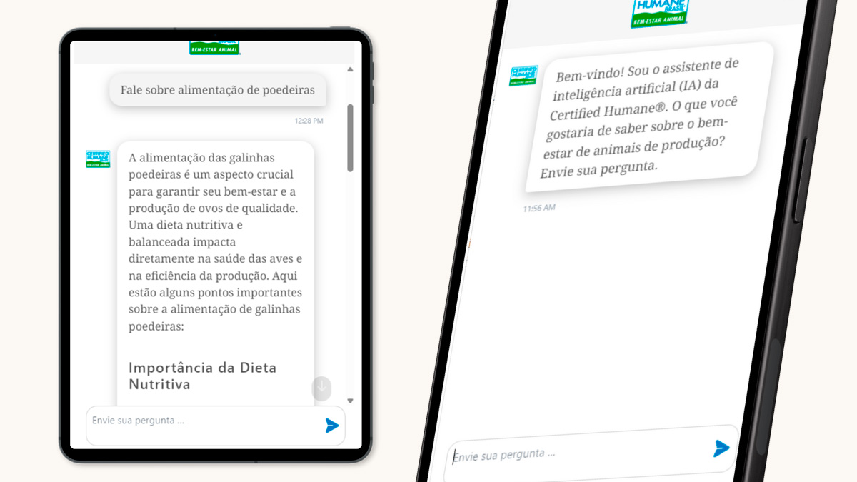 Tela de tablet e celular mostram chat do Certified Humane com respostas sobre alimentação de galinhas poedeiras.